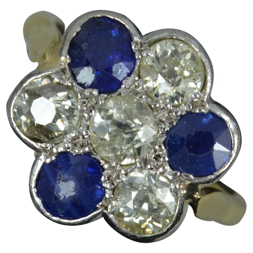 Edwardian 18ct Gold Old Cut Diamond and Sapphire Cluster Ring