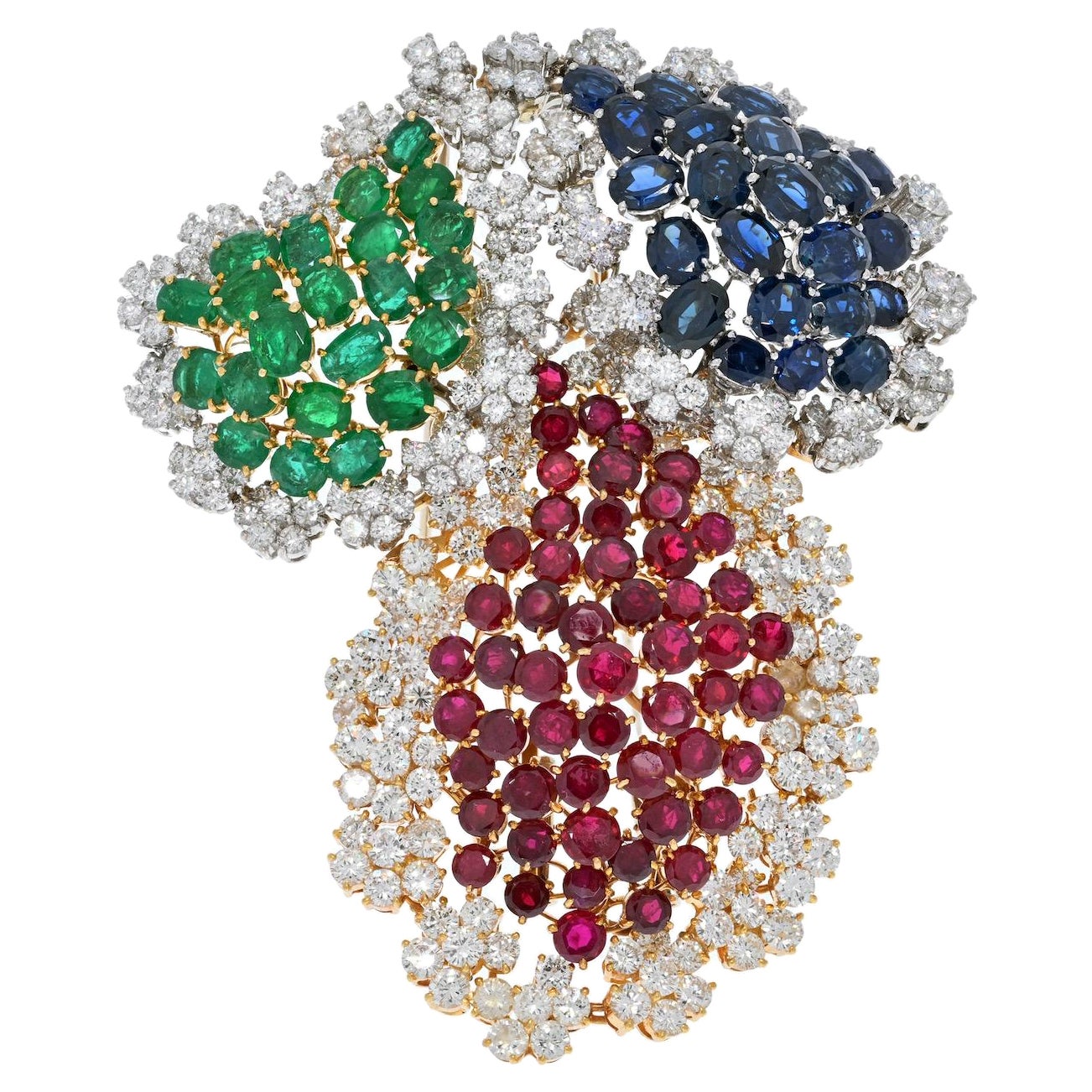 18K Two Tone Oversized Sapphire, Ruby, Emerald and Diamond Brooch For Sale