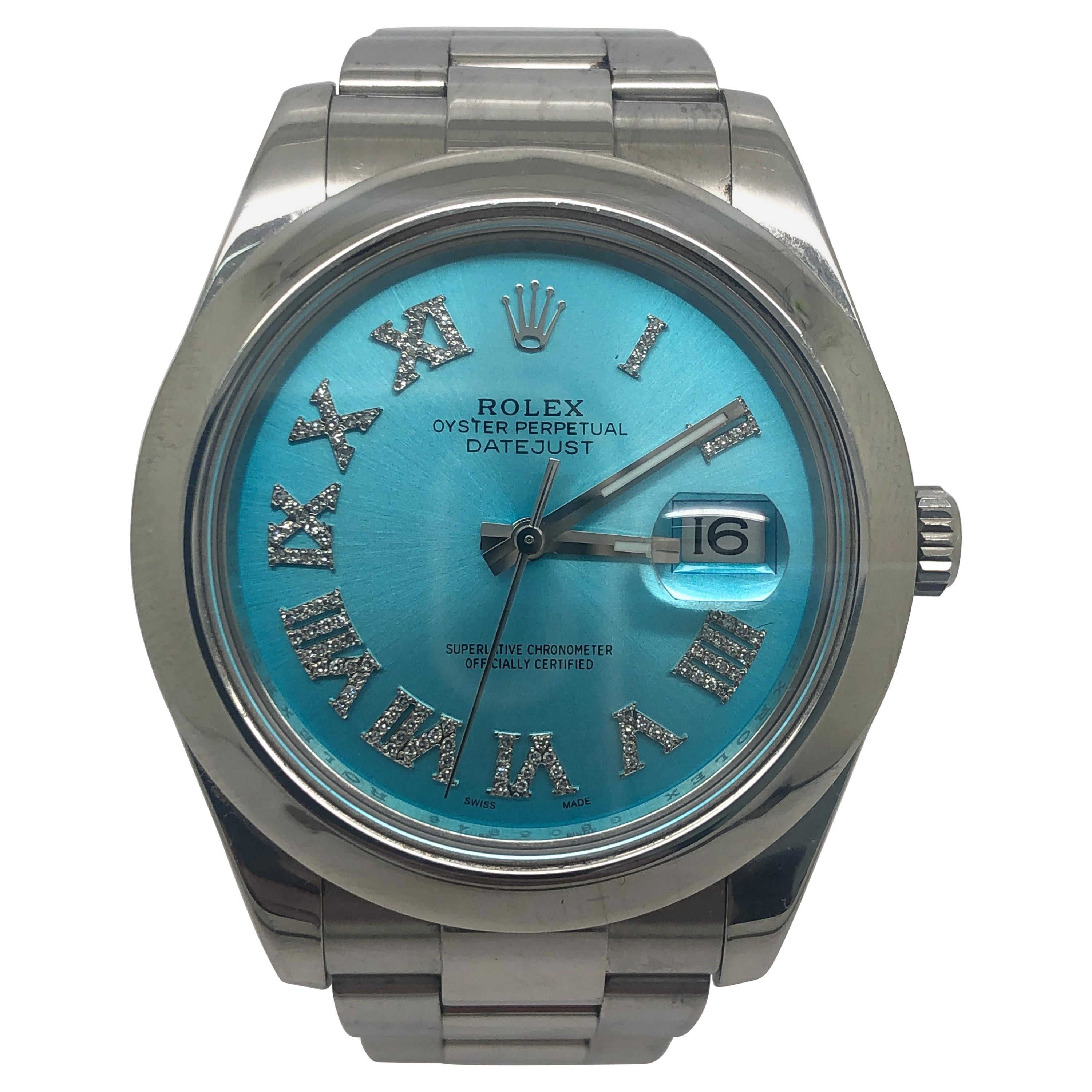 Rolex Datejust Custom Turquoise Diamond Roman Dial Watch For Sale