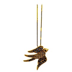 Art Nouveau Style Black White Diamond Ruby Rose Gold Swallow Pendant Necklace