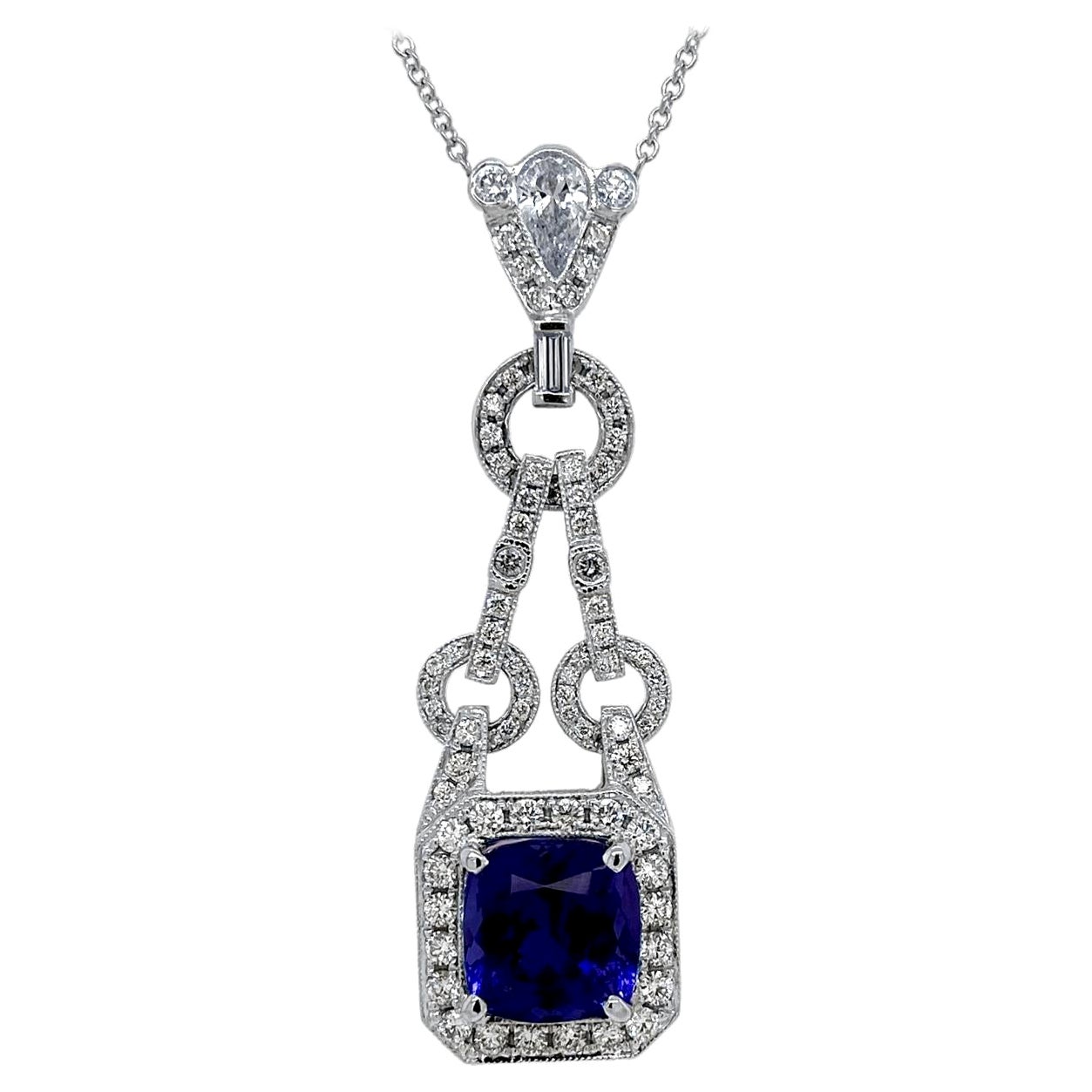 5.62 Carat Cushion Shape Tanzanite Necklace with 1.40 Carat Diamonds on the Side For Sale