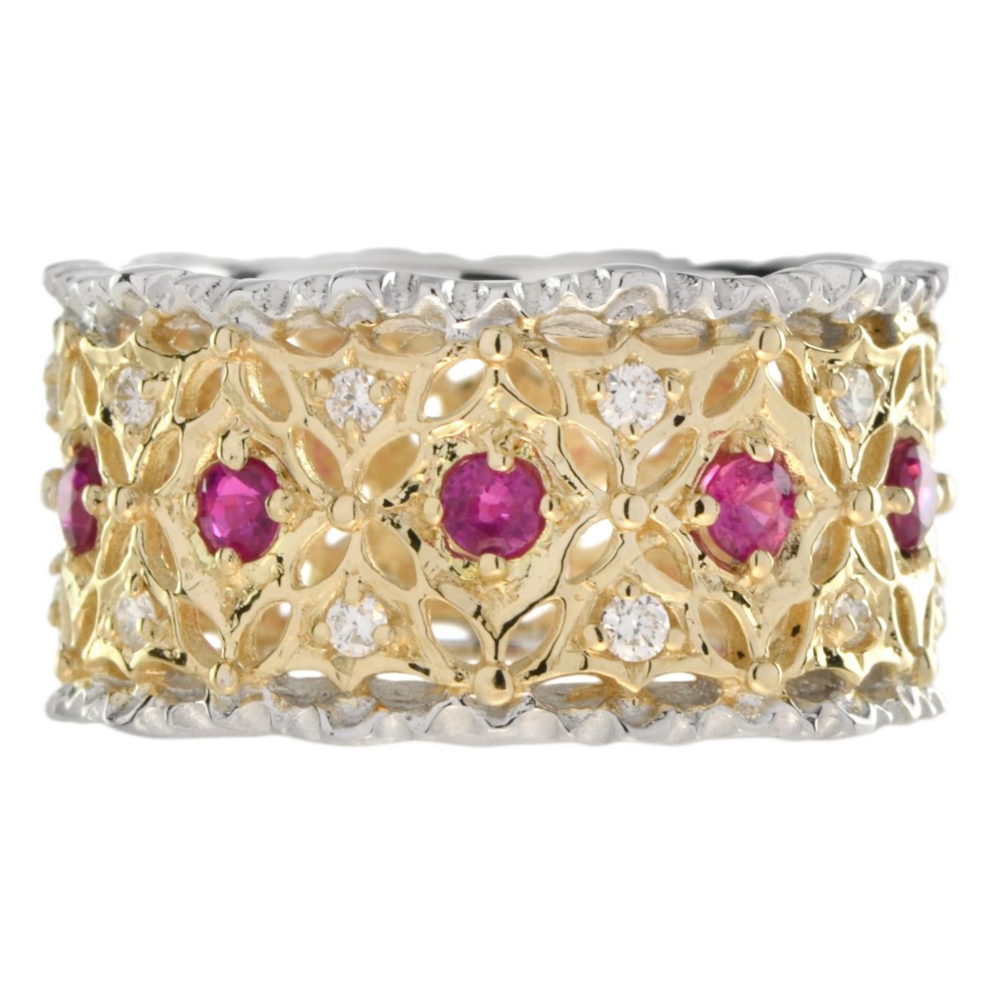 For Sale:  Ruby and Diamond Floral Motif Wide Band in 18K Bi Color Gold