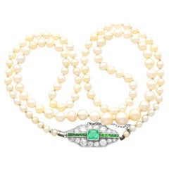 Antique Single Strand Saltwater Natural Pearl Necklace with Emerald Diamond and Peridot