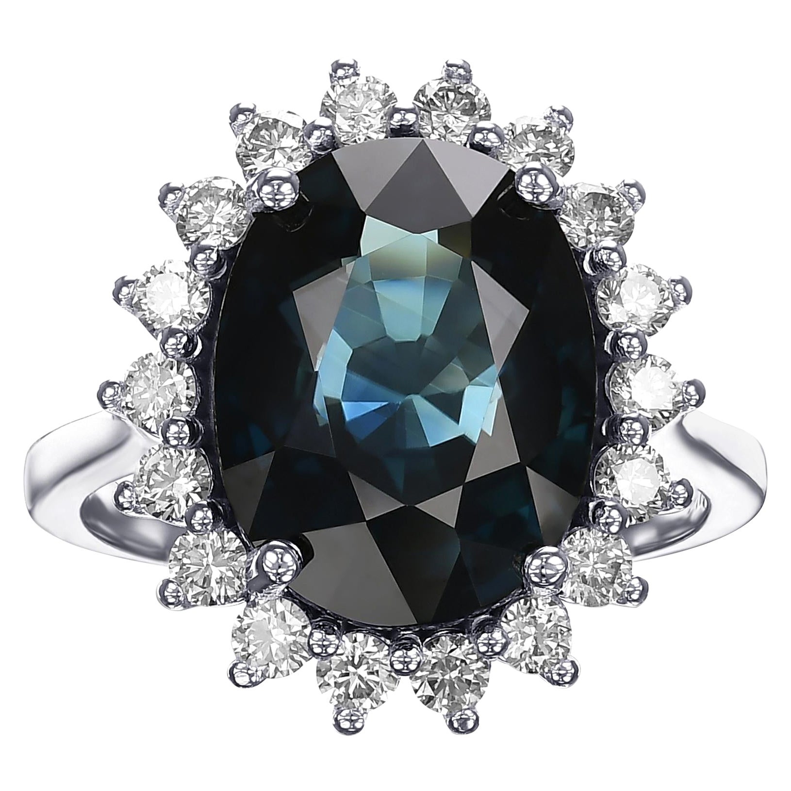 7.48 Carat Blue Sapphire and 0.55 Ct Diamonds Ring, 14 Kt. White Gold, Ring