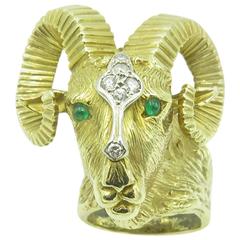 La Triomphe Emerald Diamond Gold Ram's Head Ring 