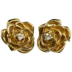 Tiffany & Co. Yellow Gold Rose Flower Earrings w/ Diamonds  Vintage