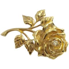 Tiffany & Co. Yellow Gold Round Cut Diamond Rose Flower Brooch Pin With Box