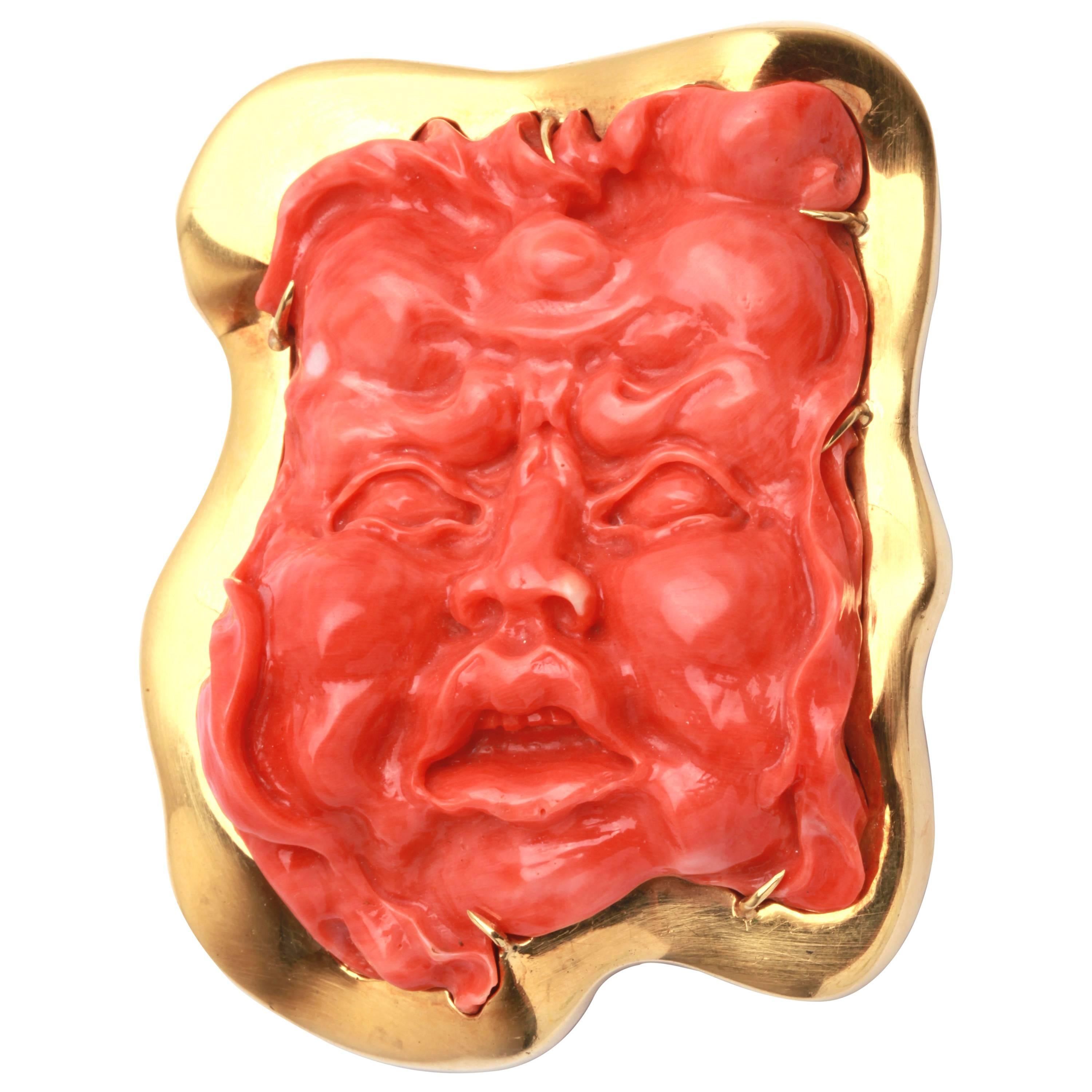 Carimati Coral Gold Mask Brooch Pendant  For Sale