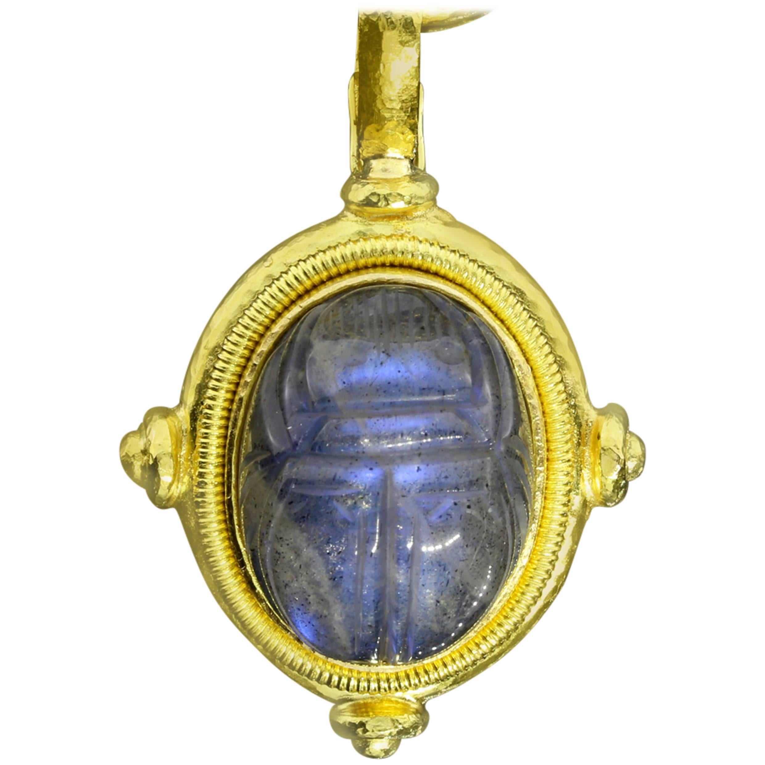Elizabeth Locke Labradorite Gold Scarab Pendant and Bead Chain