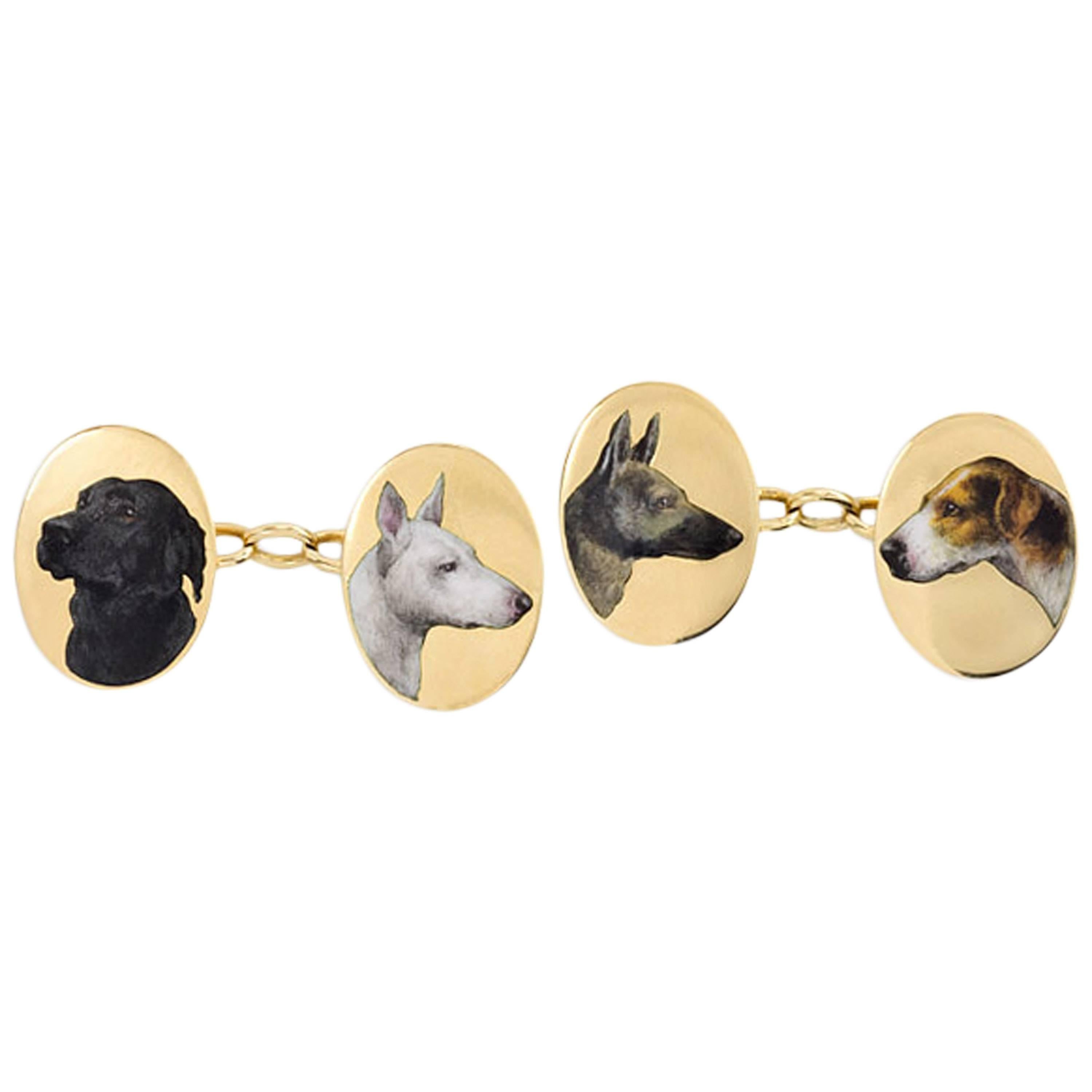 Antique Enamel Gold Dog Cufflinks 