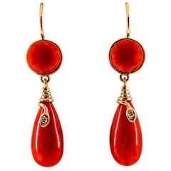 Mediterranean Red Coral White Diamond Yellow Gold Lever-Back "Snake" Earrings