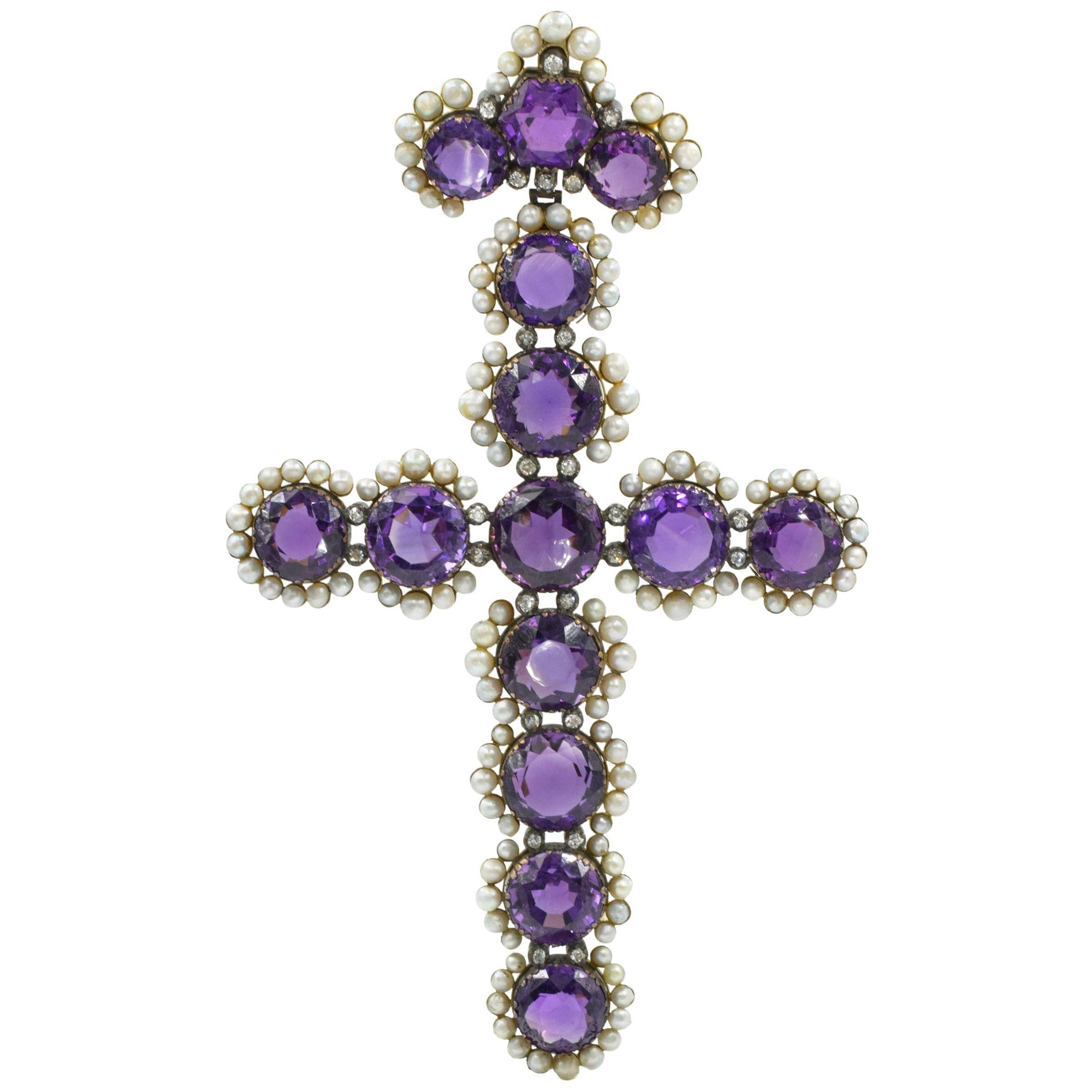 Antique Amethyst, Pearl, and Diamond Cross Pendant