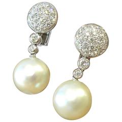 Vintage Chantecler Capri Timeless South Sea Pearl Diamond Gold Clip Earrings