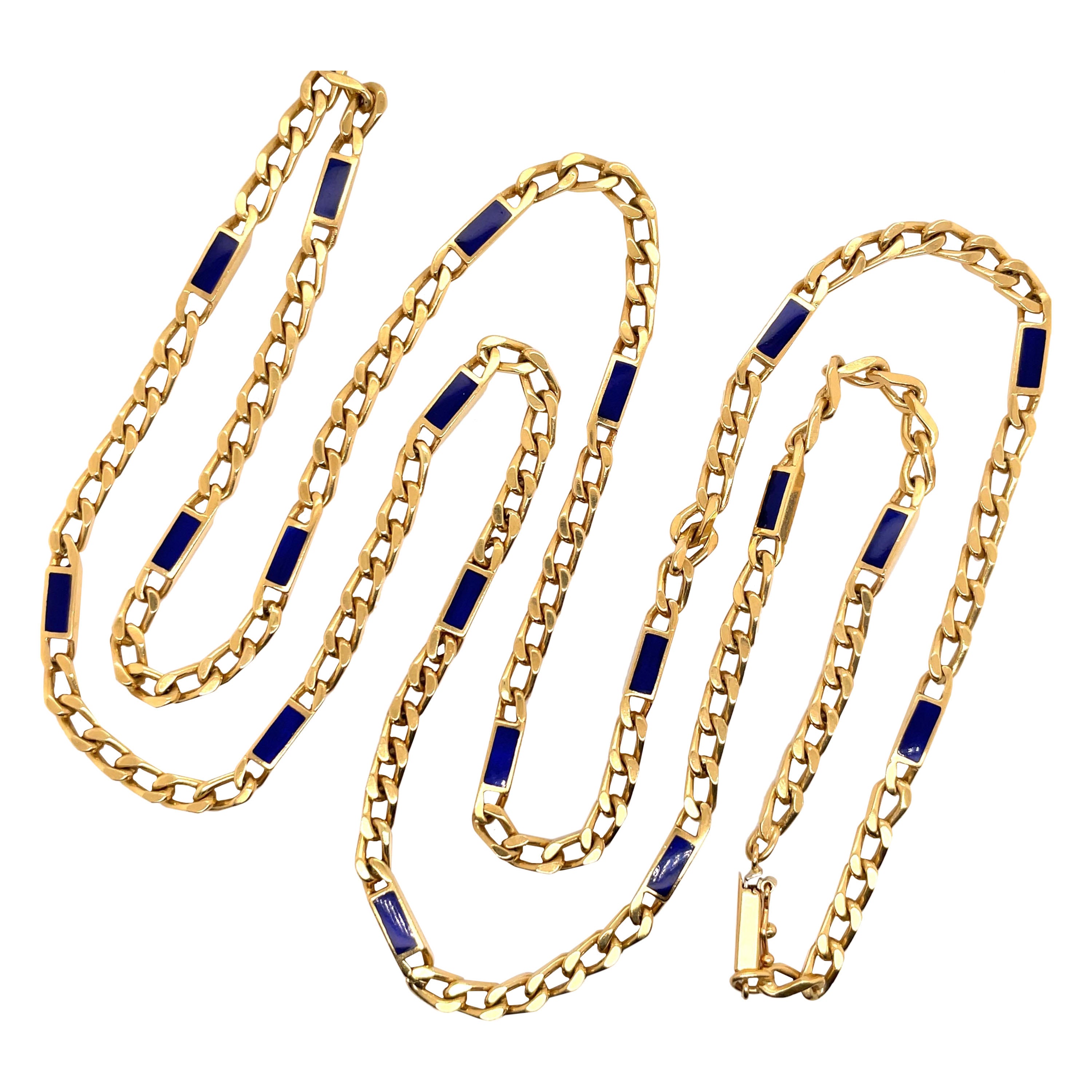 18 Karat Yellow Gold Cuban Link Lapis Chain Necklace 72.9 Grams For Sale