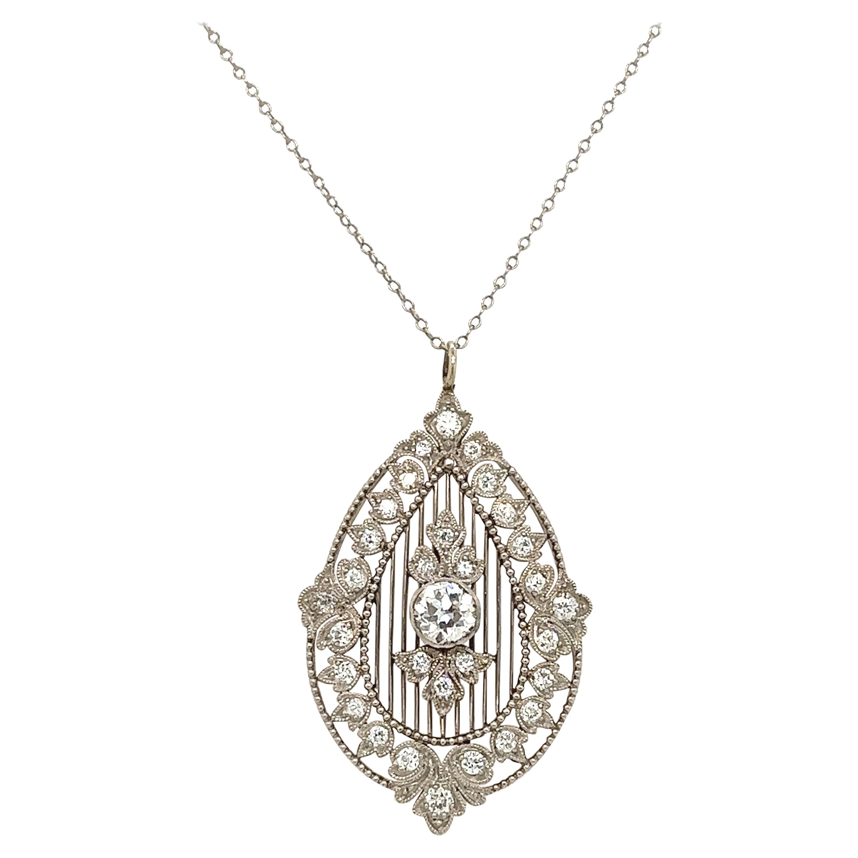 Art Deco Diamond & Platinum Detailed Pendant Necklace
