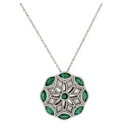 0.55 CT Emerald 0.10 CT Diamond 14K White Gold Pendant Necklace