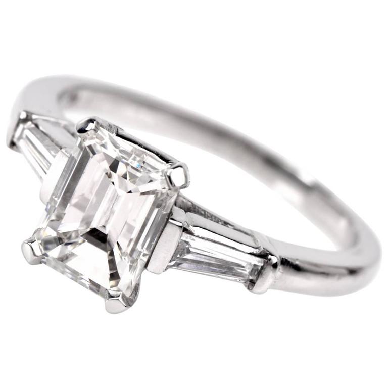 Classic Emerald Cut Diamond Baguette Platinum Engagement Ring For Sale