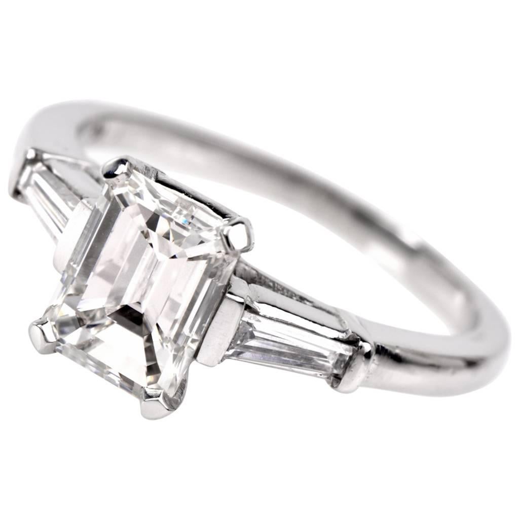 Classic Emerald Cut Diamond Baguette Platinum Engagement Ring