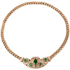 1970s Emerald Diamond Gold Necklace