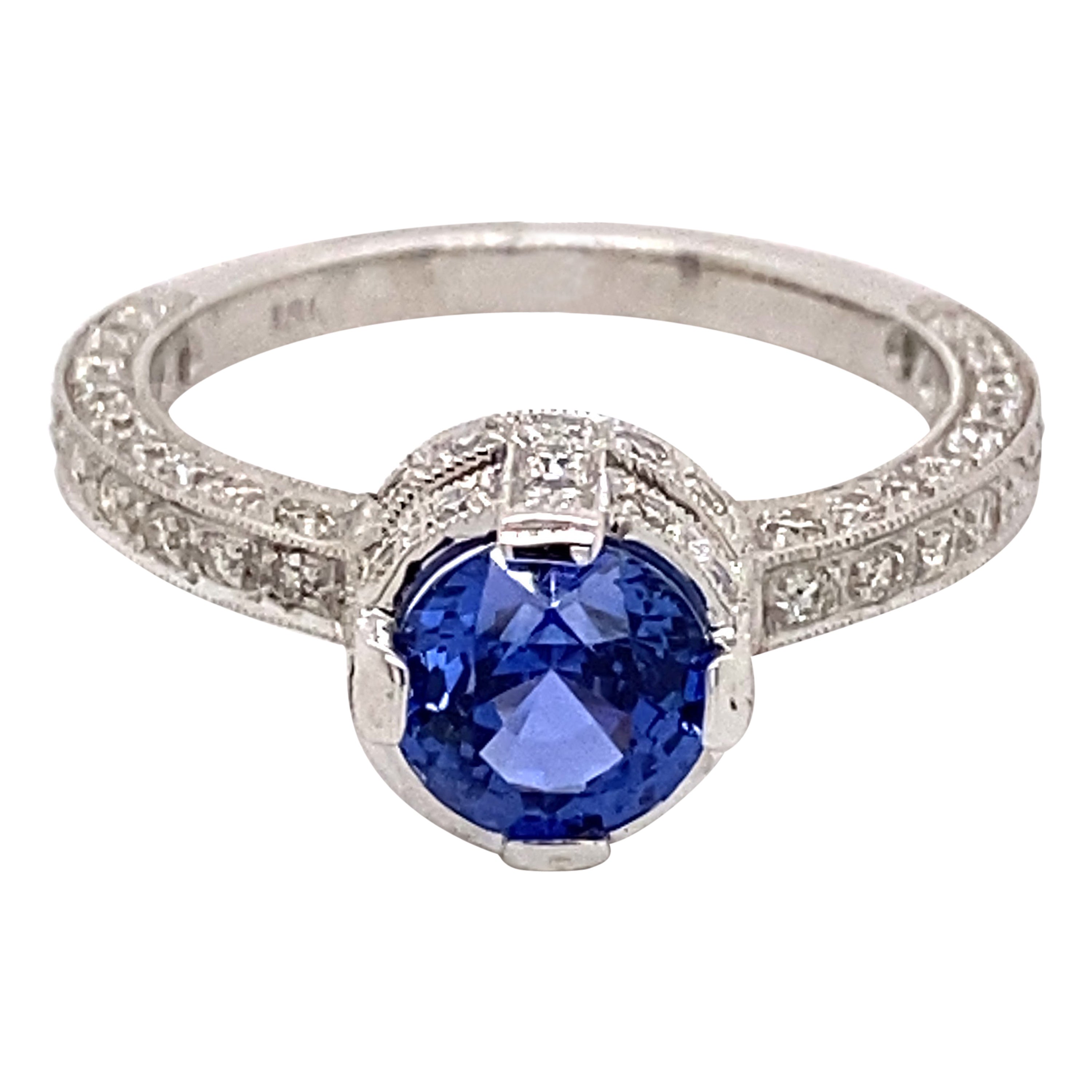 Art Deco Style 2.27ctt Ceylon Sapphire & Diamond Ring 18 Karat White Gold