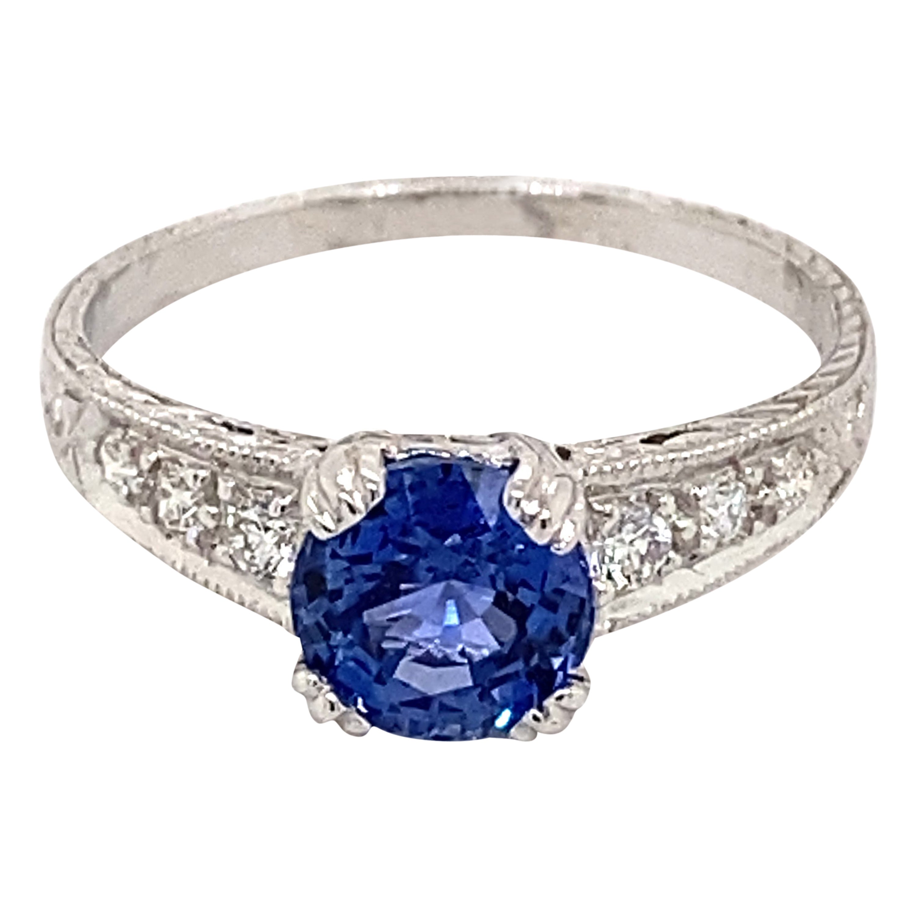 Art Deco Style 1.59ctt Ceylon Sapphire & Diamond Ring 18 Karat White Gold For Sale