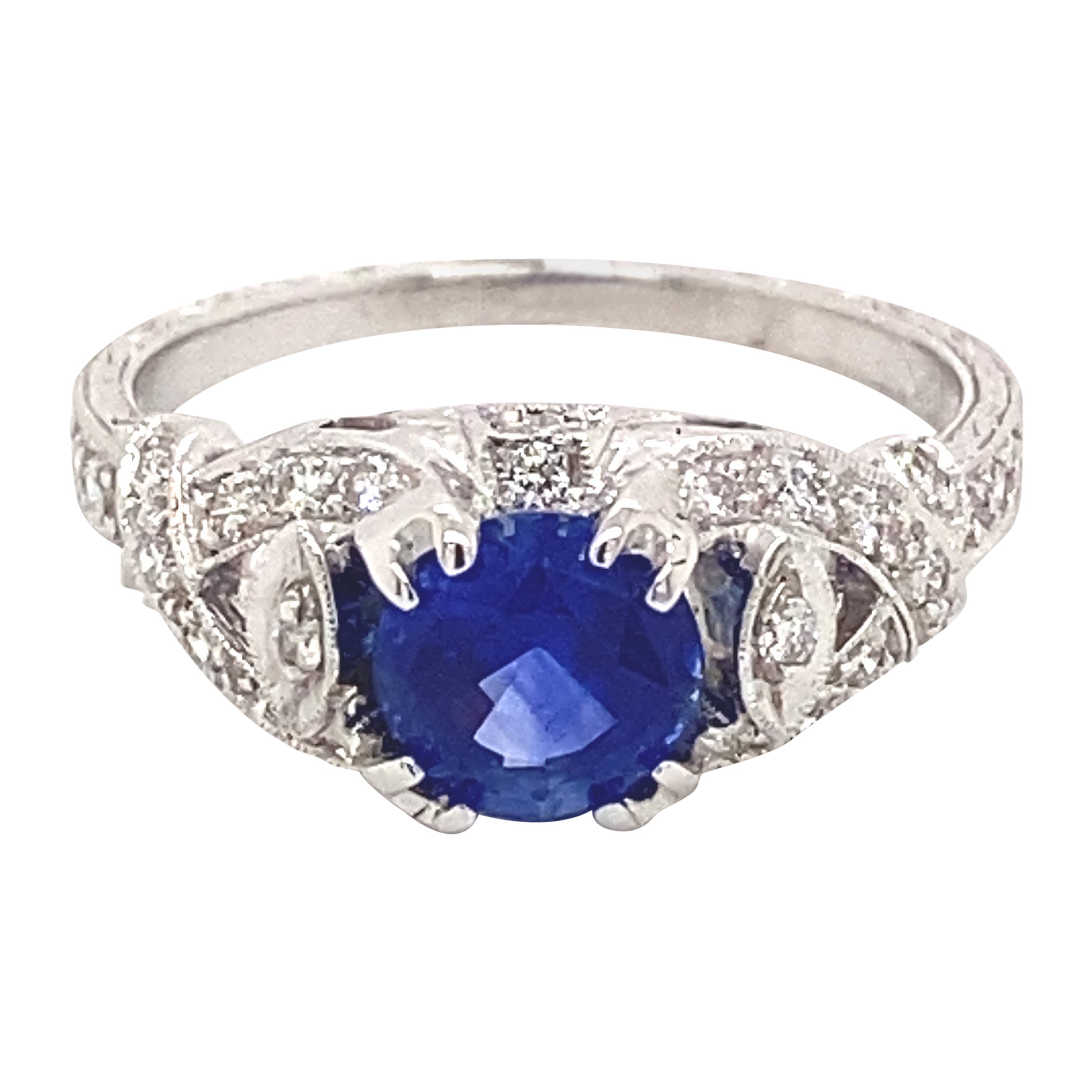 Art Deco Style 1.82ctt Ceylon Sapphire & Diamond Ring 18 Karat White Gold For Sale
