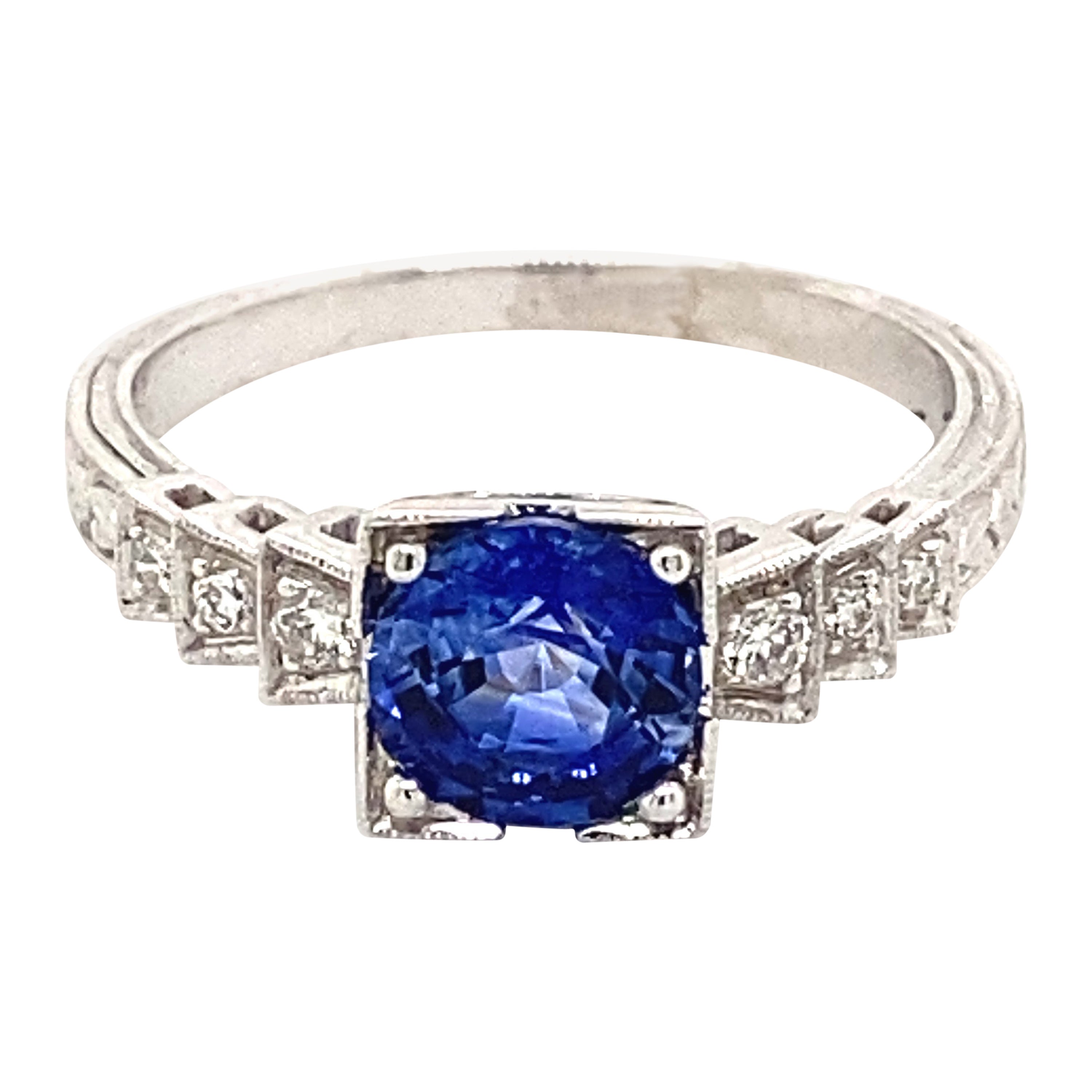 Art Deco Style 1.37ctt Ceylon Sapphire & Diamond Ring 18 Karat White Gold