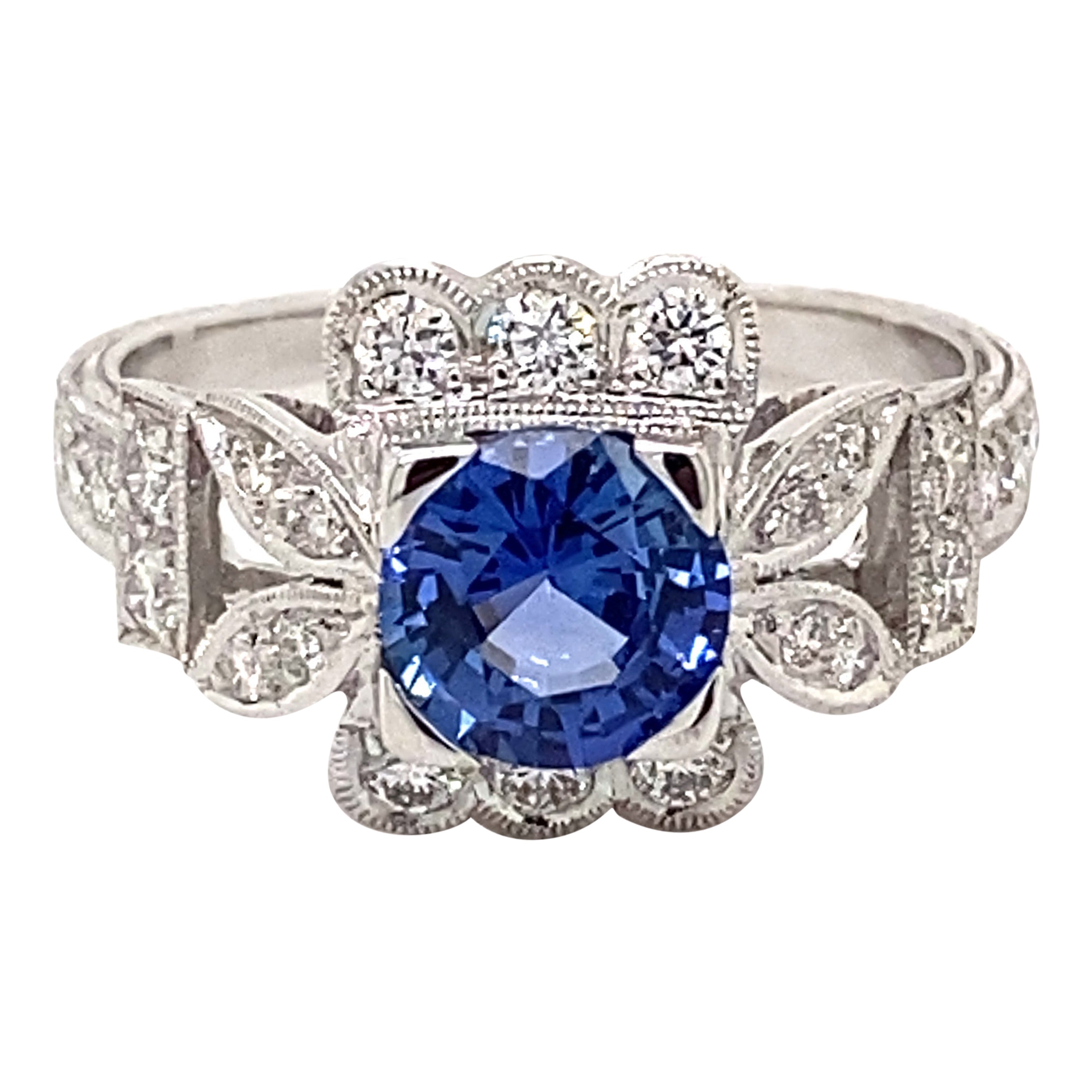 Art Deco Style 1.86ctt Ceylon Sapphire & Diamond Ring 18 Karat White Gold