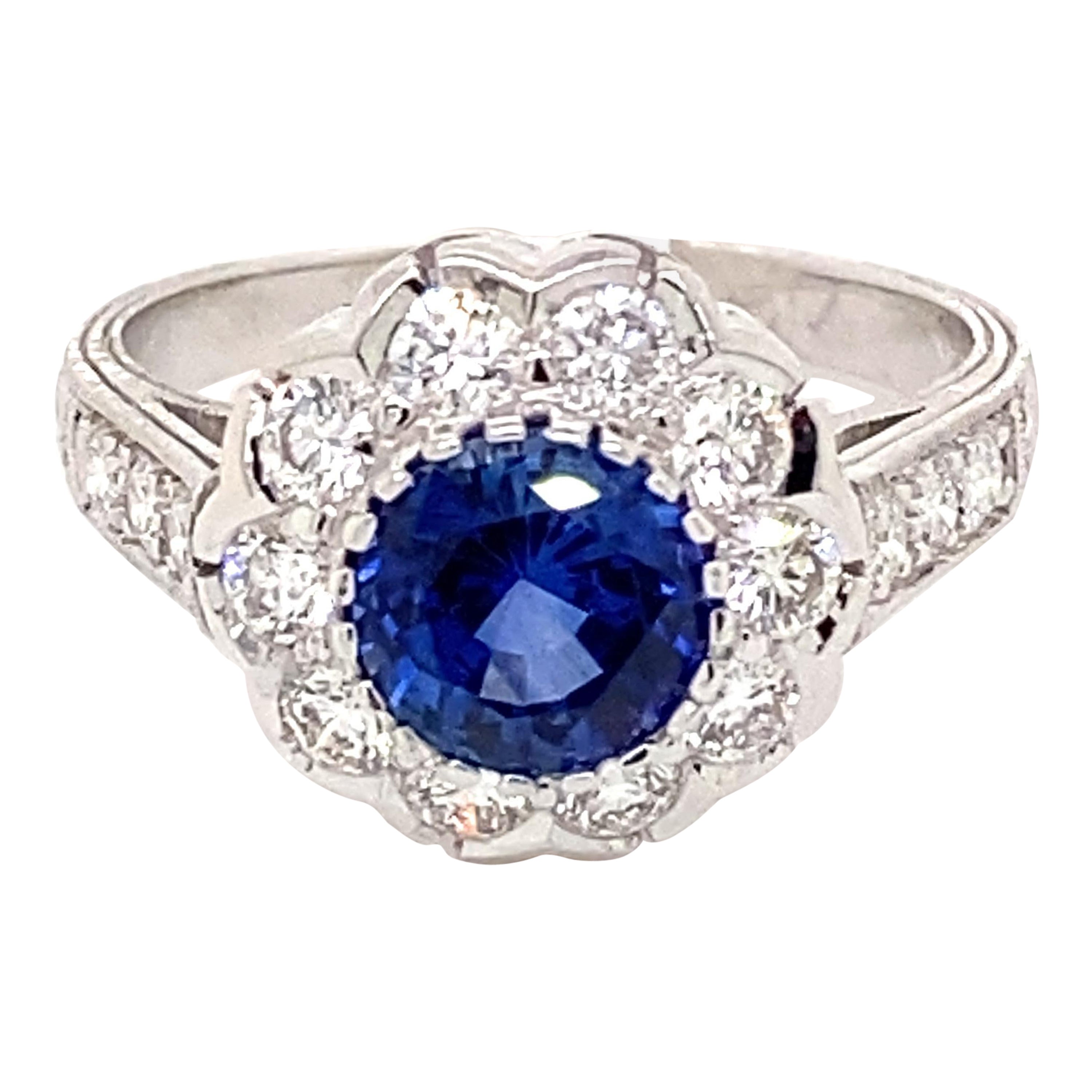 Art Deco Style 2.13ctt Ceylon Sapphire & Diamond Ring 18 Karat White Gold