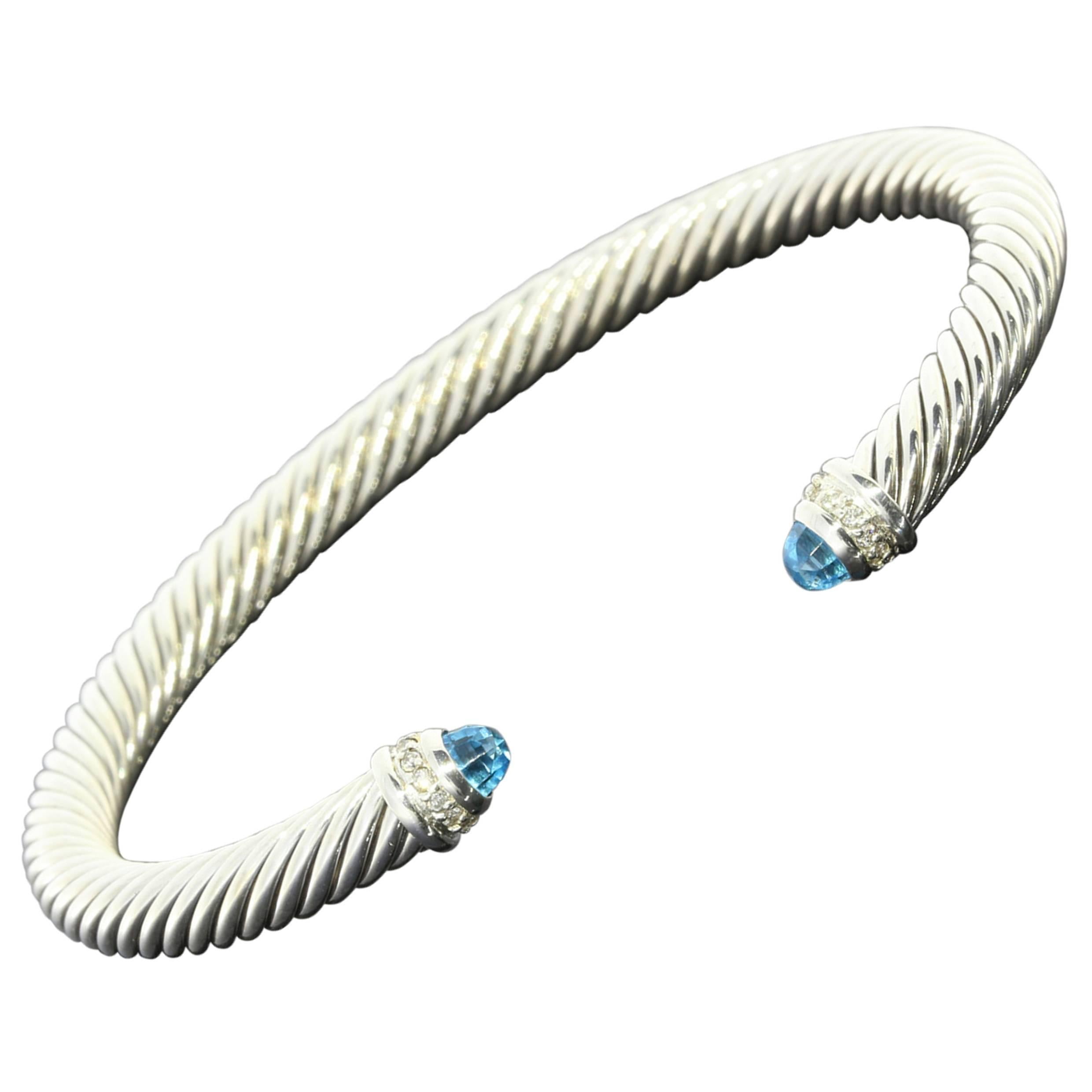 David Yurman Blue Topaz Diamond Sterling Silver Cable Classics Bracelet 
