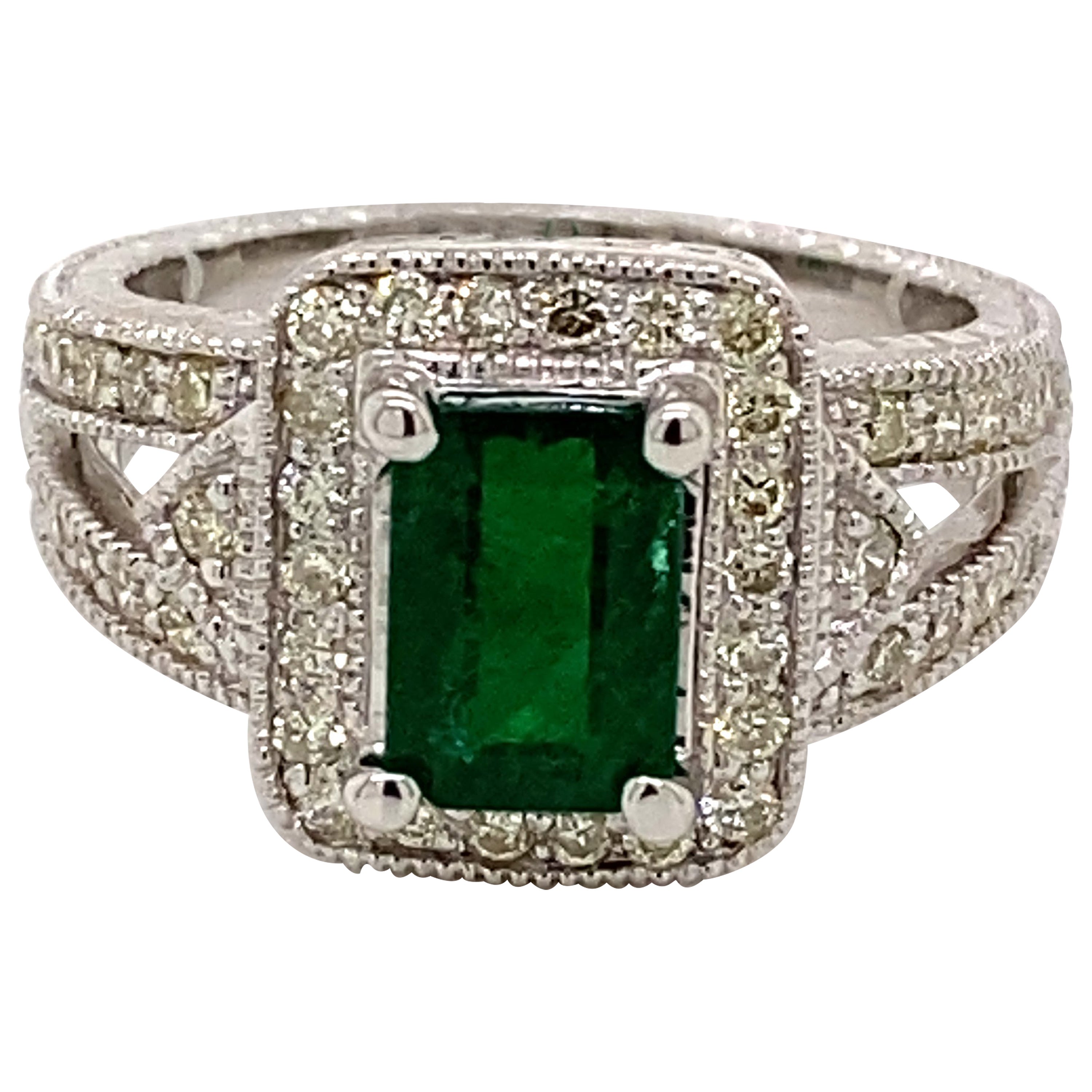 Art Deco Style 1.73ctt Emerald with Diamond Halo Ring 18k White Gold For Sale