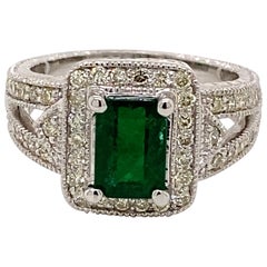 Art Deco Style 1.73ctt Emerald with Diamond Halo Ring 18k White Gold