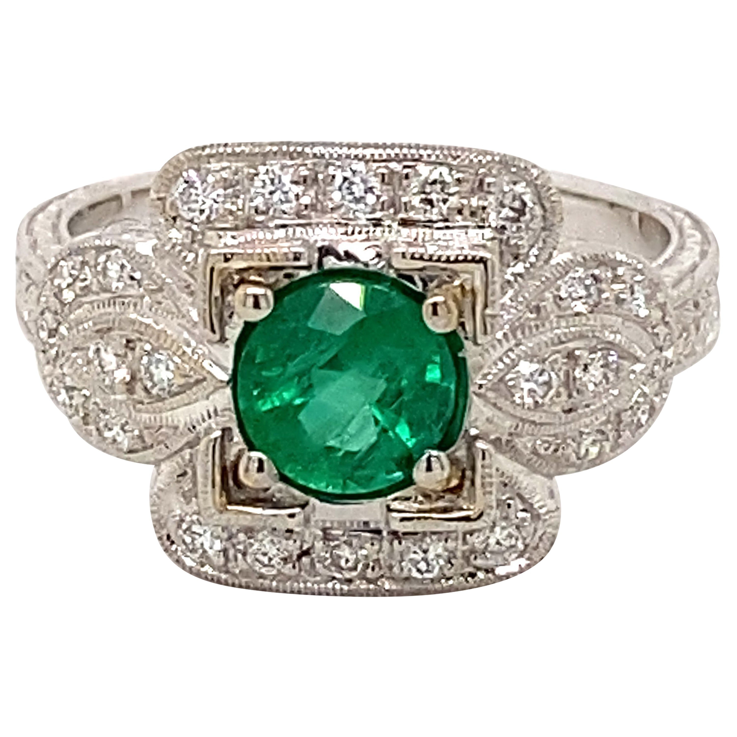 3.45 ctw Art Deco Style Emerald & Diamond Halo 18K White Gold Ring