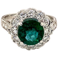 Art Deco Style 2.47ct Round Emerald with Diamond Halo Ring 18k White Gold