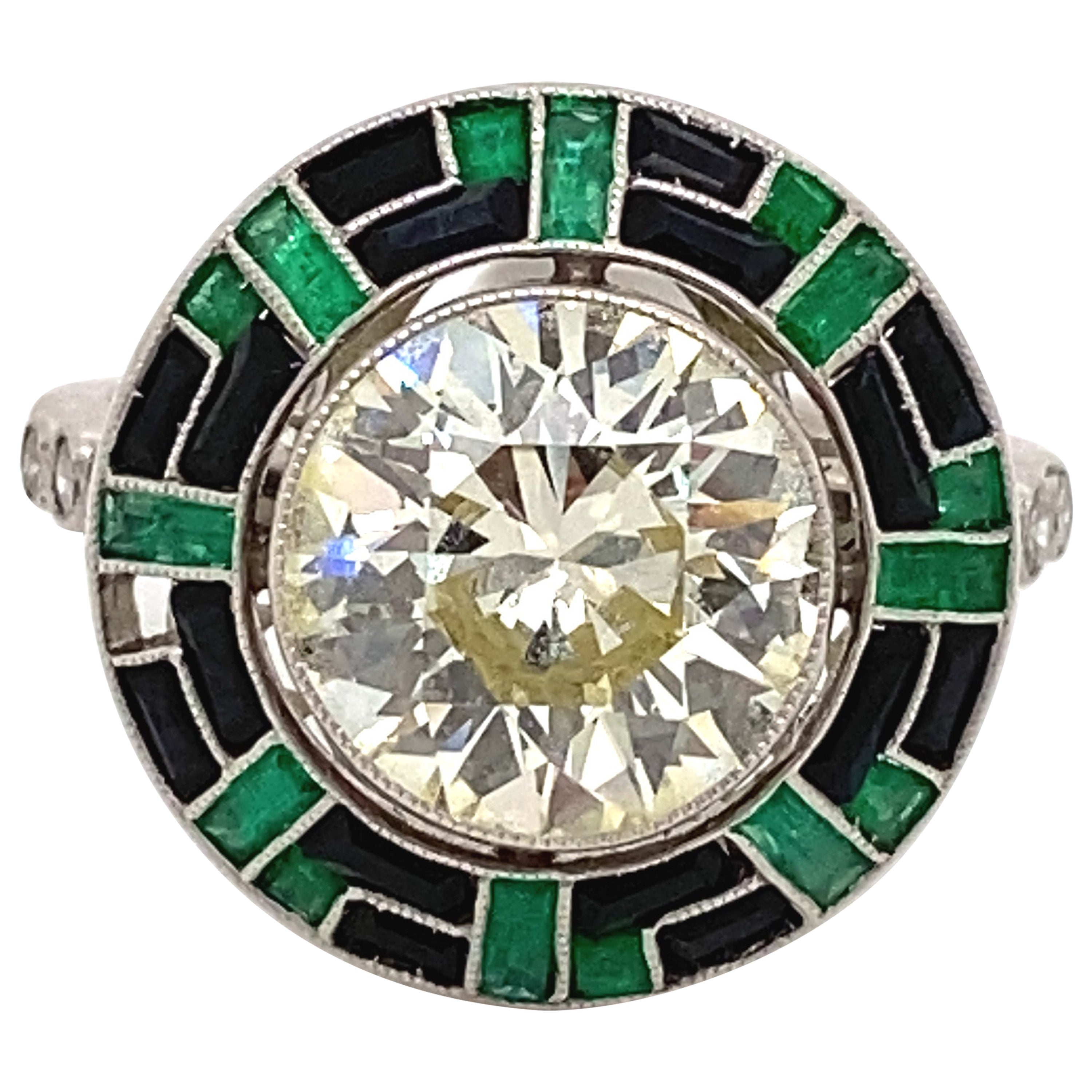 Art Deco Style 3.32 Carat Round Diamond with Emerald & Onyx Ring Platinum