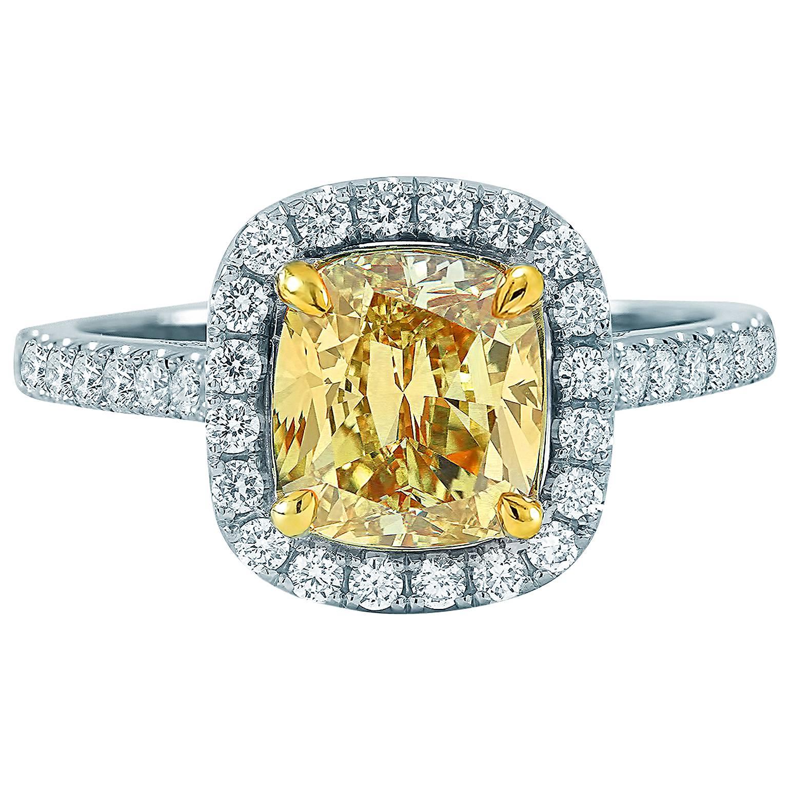 2.41 Carat GIA Fancy Cushion Cut Diamond Halo Gold Engagement Ring For Sale