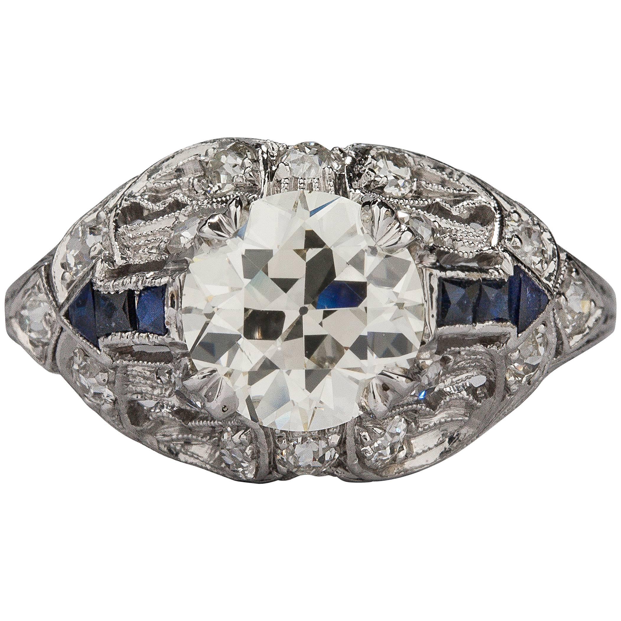 Art Deco 1.38ct Diamond and Sapphire Ring For Sale