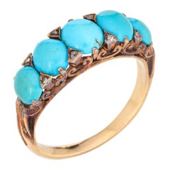 Antique Victorian Turquoise Diamond Band Half Hoop Ring 18k Yellow Gold