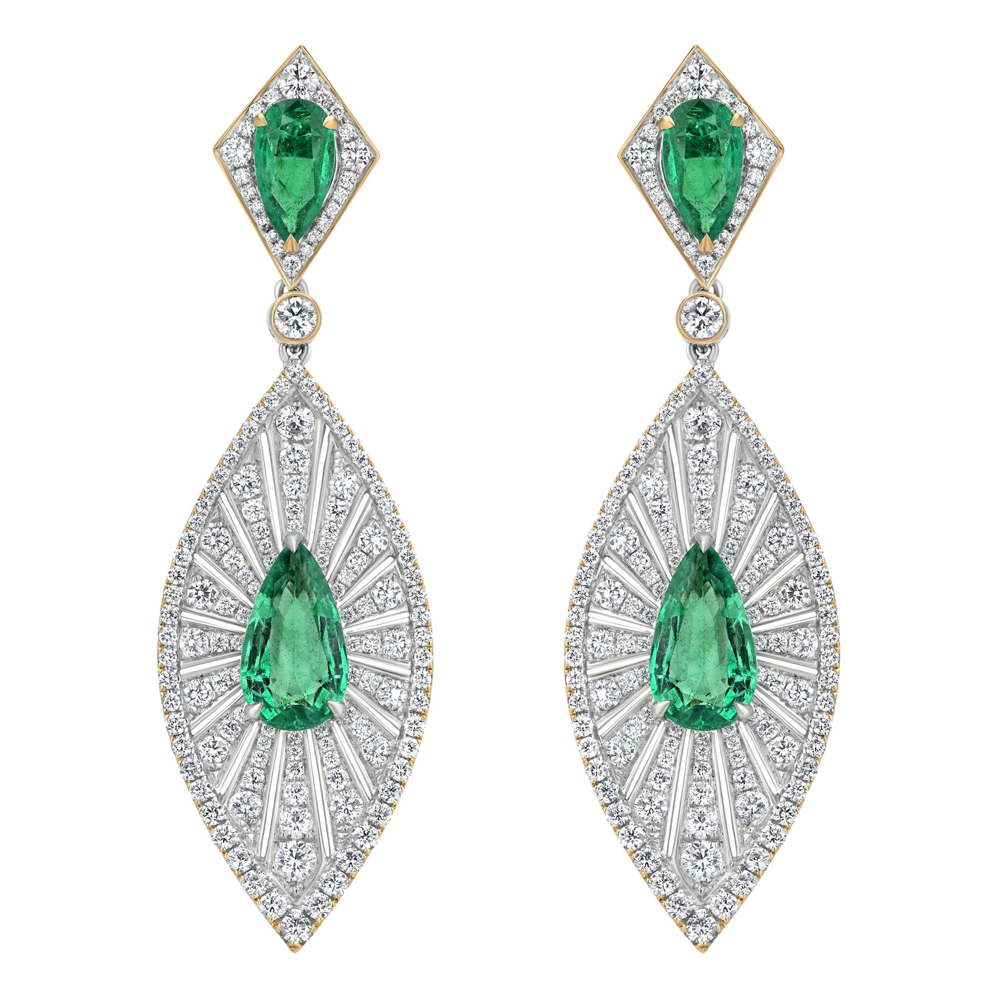 Nigaam 4.82 Cts. Pear Emerald and 3.09 Cts. Diamond Art Deco Style Drop  Earrings For Sale at 1stDibs