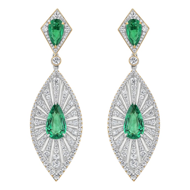 Nigaam 4.82 Cts. Pear Emerald and 3.09 Cts. Diamond Art Deco Style Drop ...