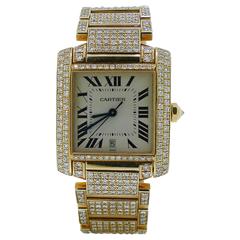 Large Cartier Tank Francaise 18k Yellow Gold Watch W/ Full Diamonds