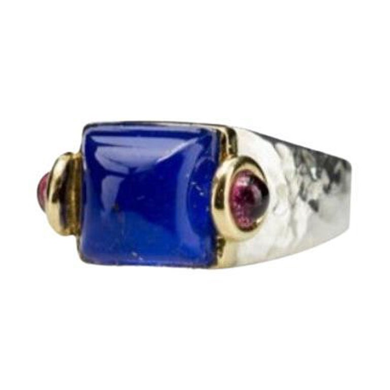 Rossella Ugolini Platinum Rock Crystal Pink Tourmaline Lapis Lazuli Unisex Ring For Sale