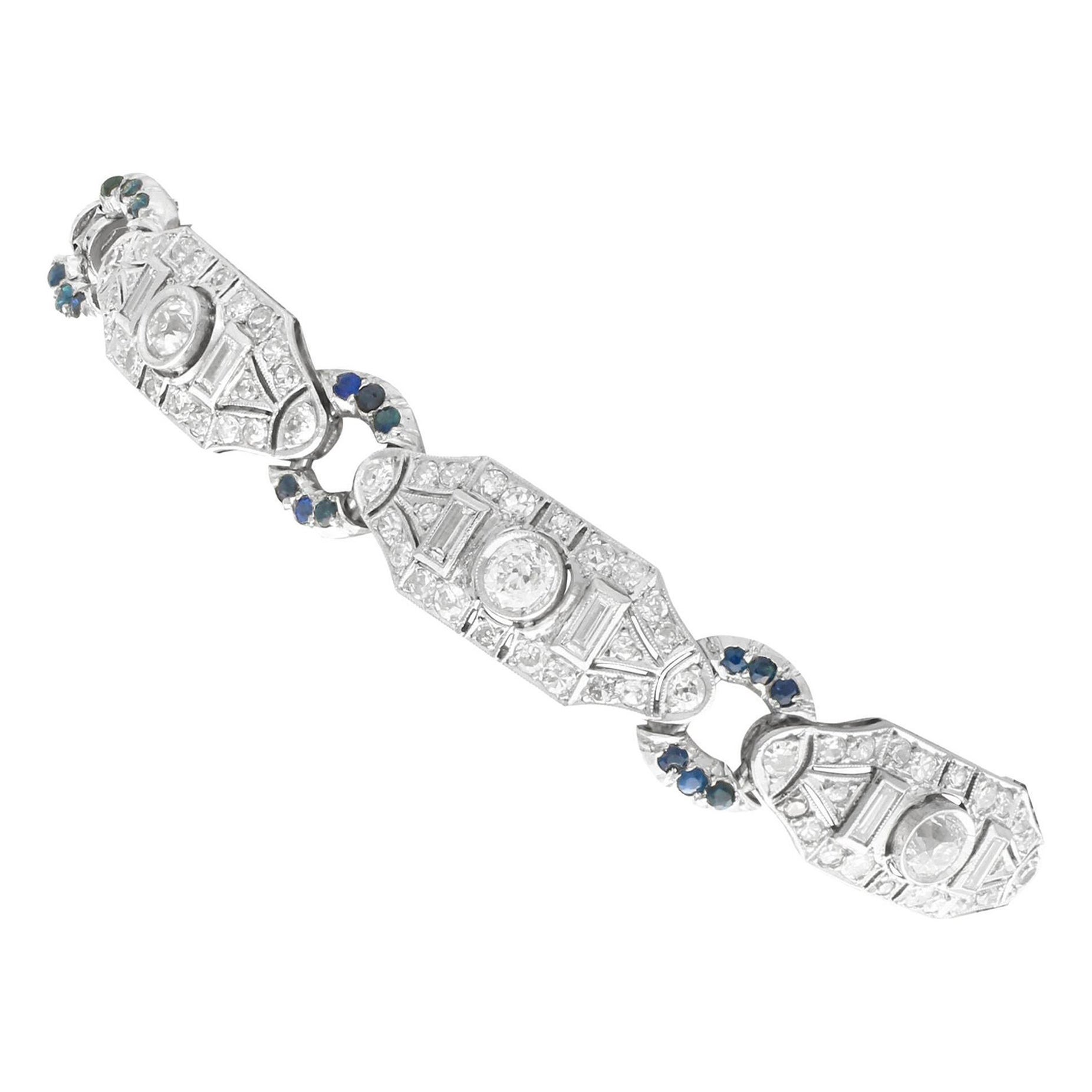 Bracelet Art déco en platine avec diamants et saphirs de 6,21 carats en vente