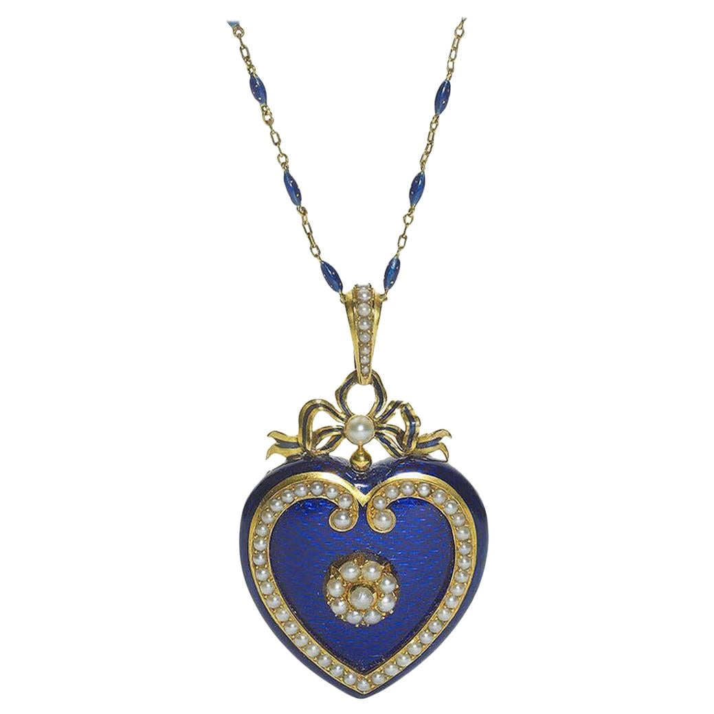 Victorian Blue Enamel, Pearl and Gold Heart Locket, circa 1850