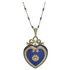 Victorian Blue Enamel, Pearl and Gold Heart Locket, circa 1850