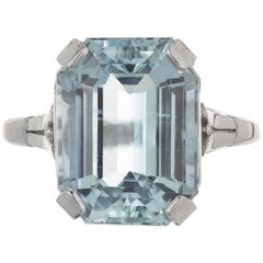 6.05 Carat Green Blue Aquamarine Pierced Platinum Art Deco Engagement Ring
