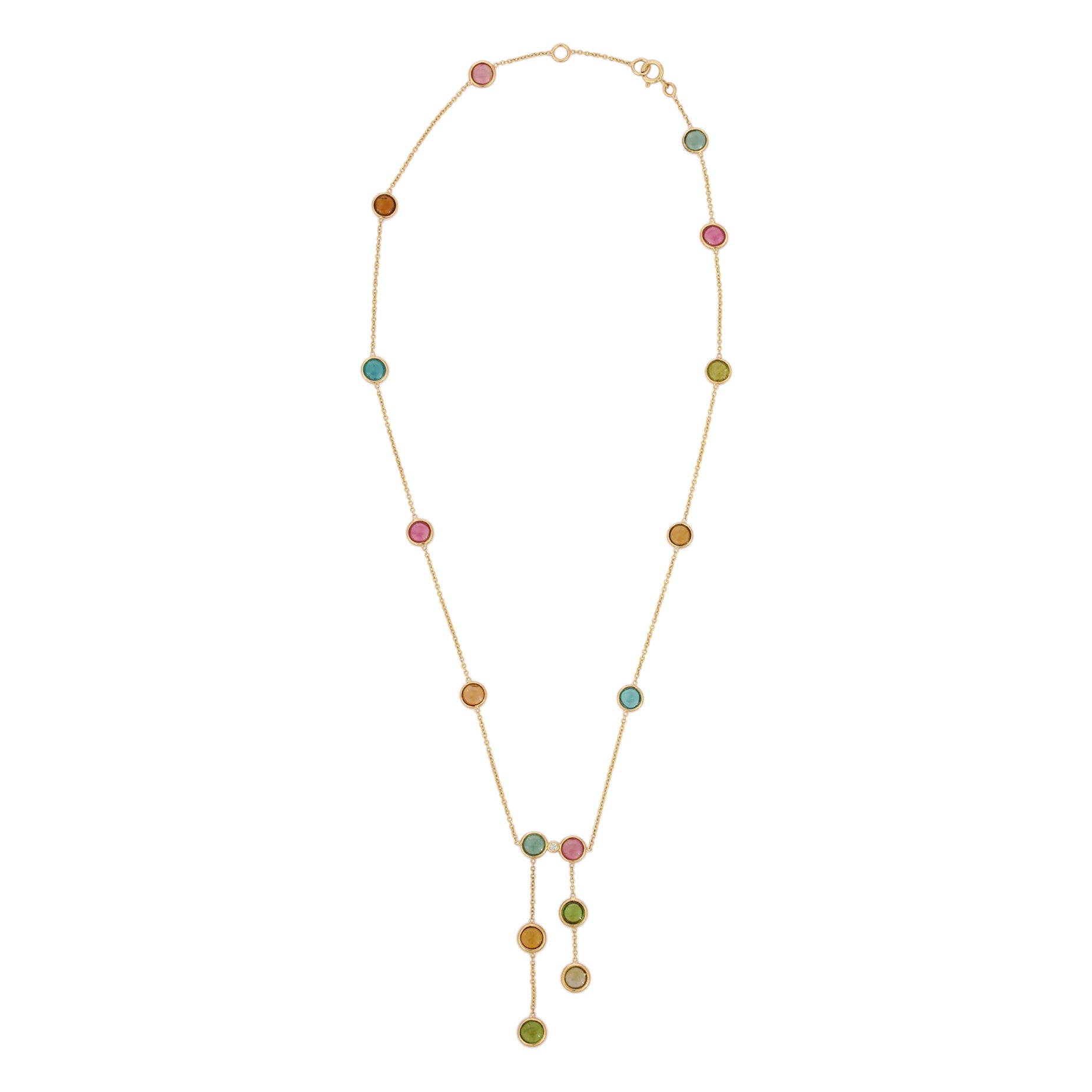 18K Yellow Gold Multi Tourmaline and Diamond Beaded and Drop Necklace