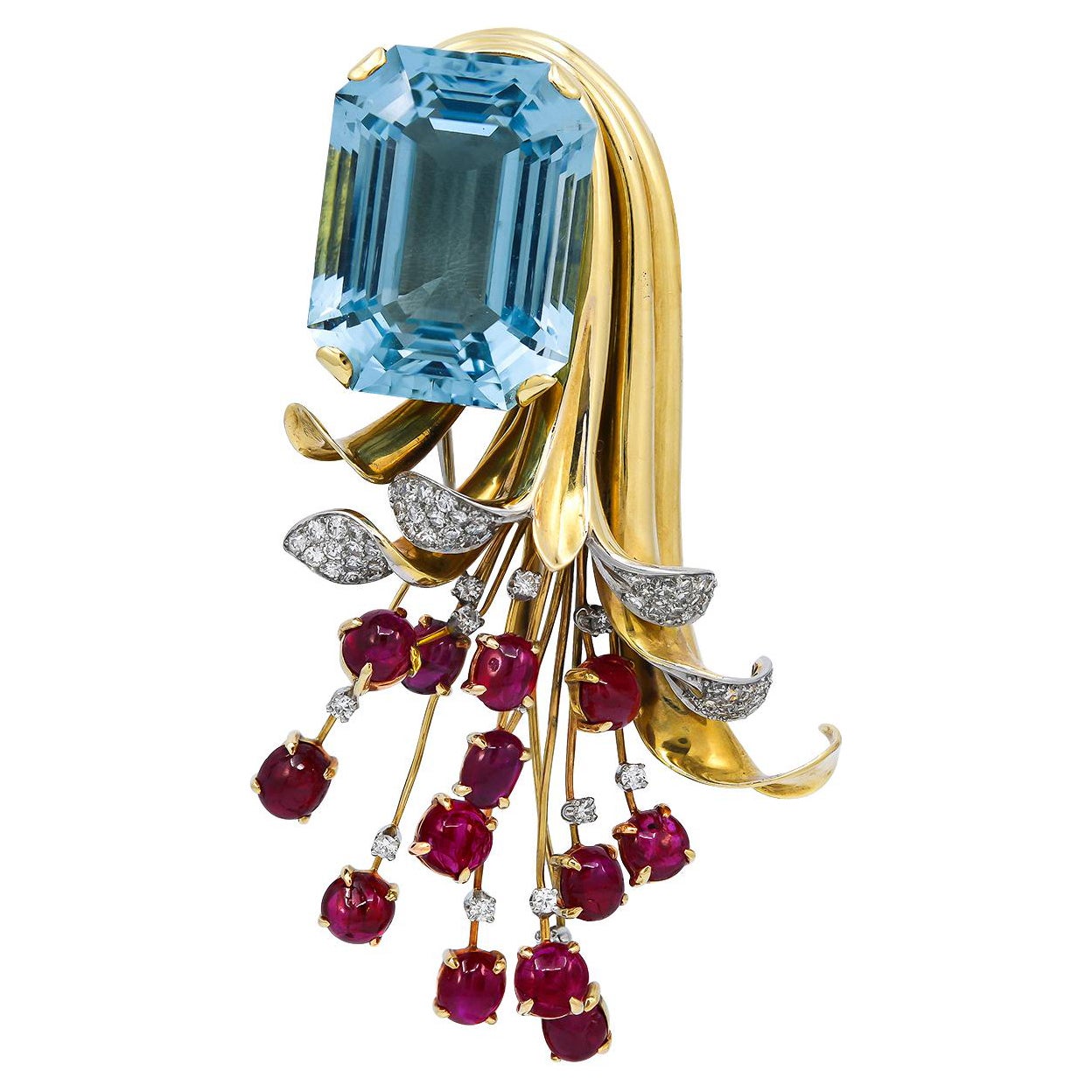 Flato Mid-Century Gold Aquamarine Ruby Diamond Spray Brooch For Sale