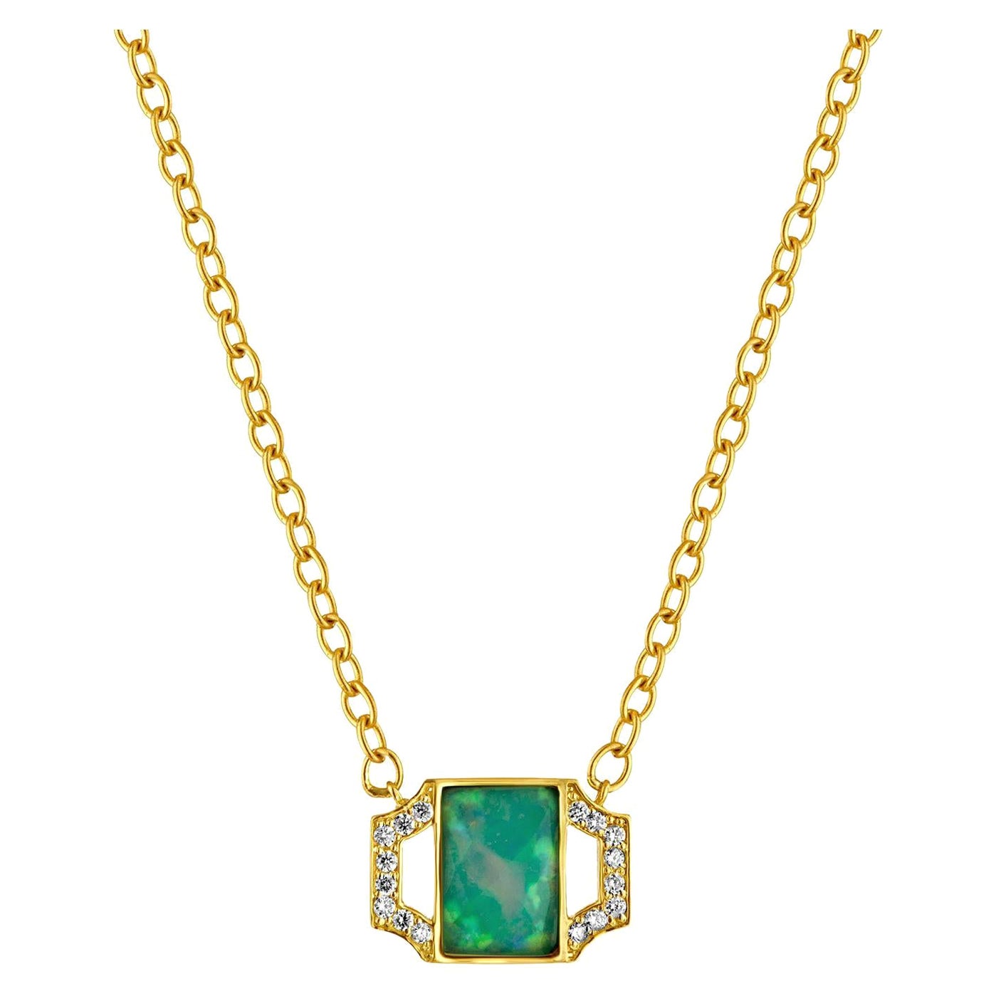 18k Gold Deco Style Pendant with Opal and Diamonds For Sale