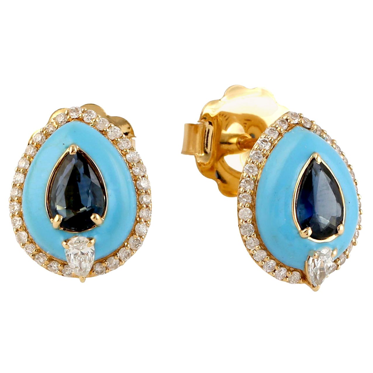 Turquoise Diamond 14 Karat Gold Stud Earrings For Sale